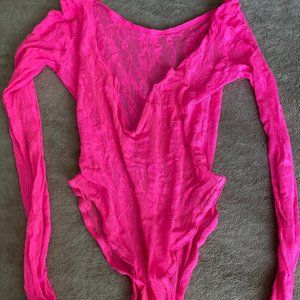 V neck long sleeve lace hot pink onesie bodysuit lingerie